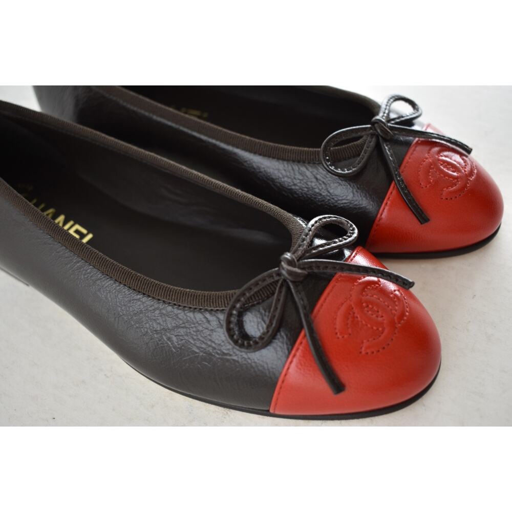 Chanel 26S Dark Brown Red Leather CC Logo Cap Classic Ballet Ballerina Flat 38 - Picture 5 of 16